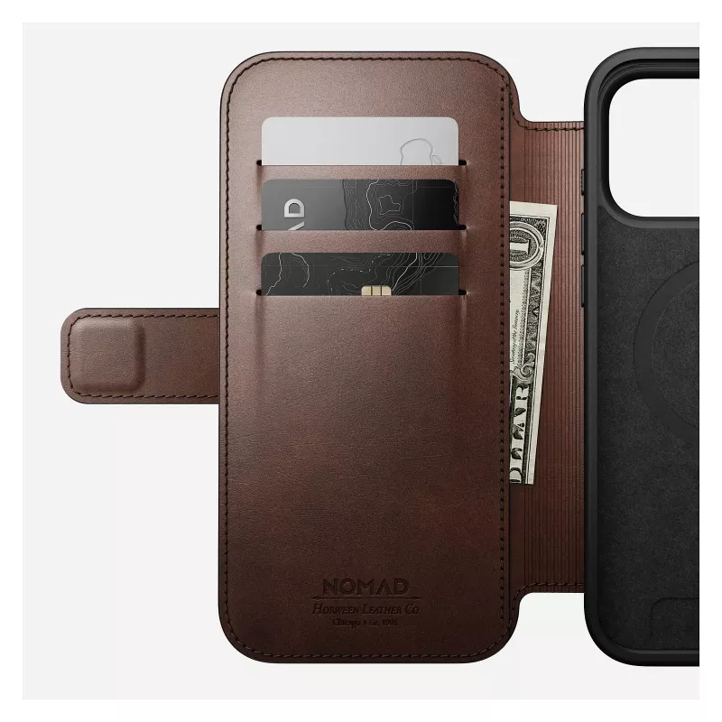 Funda para móvil Nomad Modern Leather Folio para iPhone 17 Pro Max — marrón, cuero, pantalla de 6,3