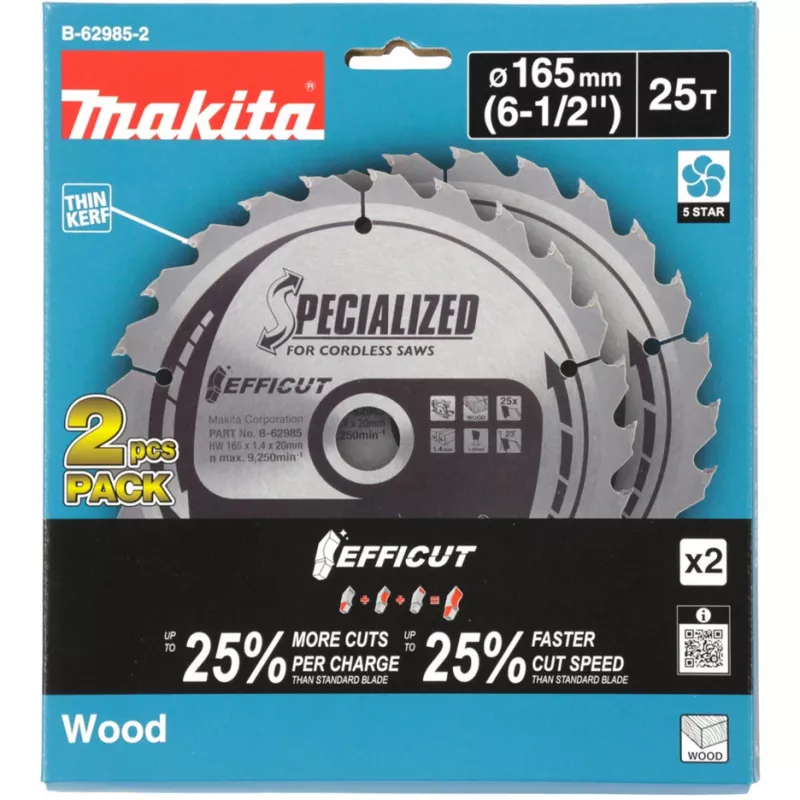 Makita Efficut B-62985-2 hojas de sierra circular, 165 x 20 mm, 25 dientes, 2 uds.