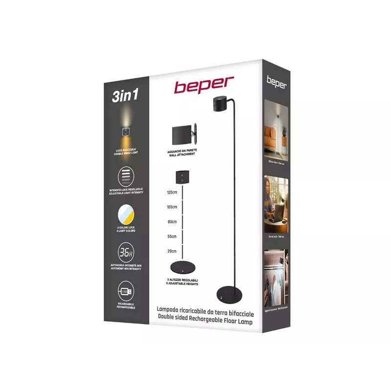 Beper P201UTP306 lámpara LED recargable de altura regulable, de pie y montable en pared, 2,3 W, regulable, negra