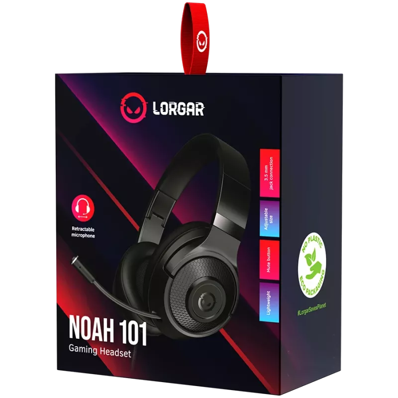 LORGAR Noah 101, Auriculares gaming con micrófono, conexión jack de 3,5 mm, longitud del cable 2 m, diseño plegable, almohadillas de piel sintética PU, tamaño: 185*195*80 mm, 0,245 kg, negro
