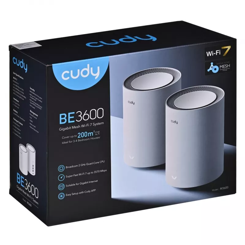 Sistema mesh Cudy M3600 dual band Wi-Fi 7 2882 Mbit/s, pack de 2, 4 antenas, 3x LAN, 512 MB RAM, CPU 2 GHz