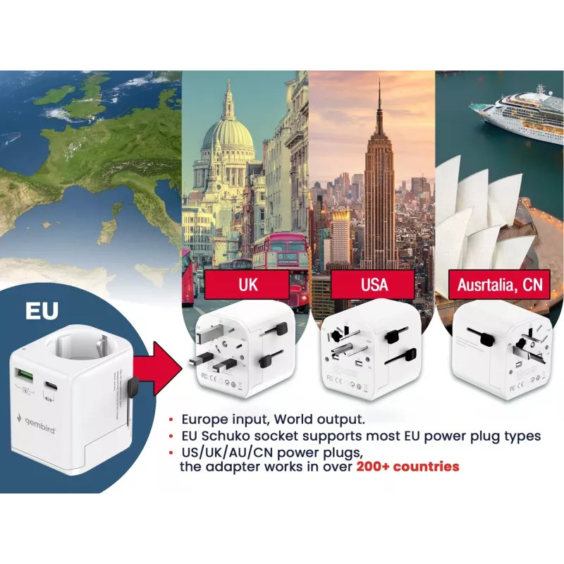 Fuente de alimentación de viaje GEMBIRD TPA-EU1A1C20-01-W 20W, USB-A 18W + USB-C 20W, toma Schuko, entrada 100–250 V