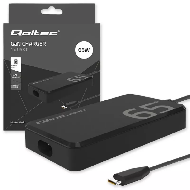 Cargador QOLTEC 65W GaN Super Fast slim PD 5-20V 3,25A USB-C