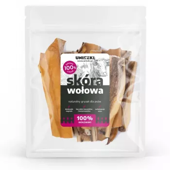 Snacks para perros UNISZKI piel de ternera 100 g — tiras masticables naturales de piel de ternera para la higiene dental, bolsa de 100 g, proteína 65%