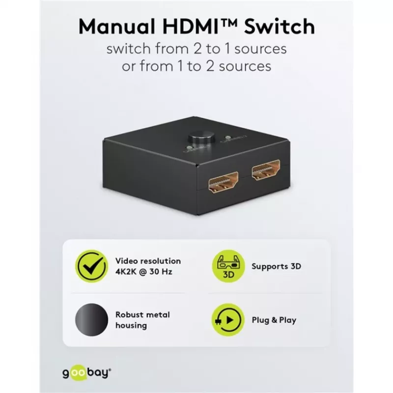 Goobay 58485 Conmutador HDMI manual 2 a 1, 4K 30 Hz, Negro