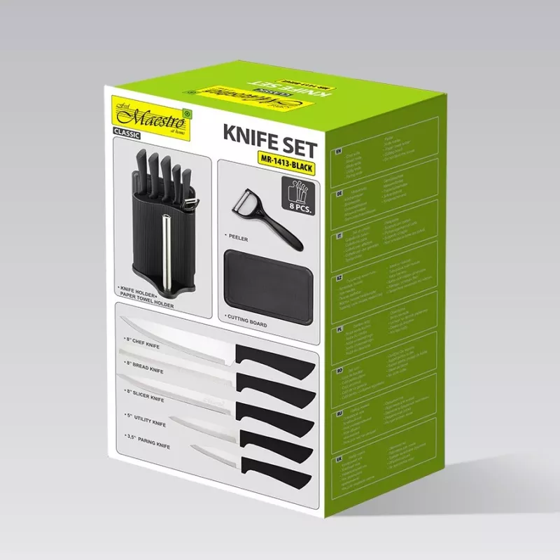 Set de bloque de cuchillos y cubiertos Maestro MR-1413 – negro, 8 piezas, hojas de acero inoxidable con soporte, portarrollos de papel