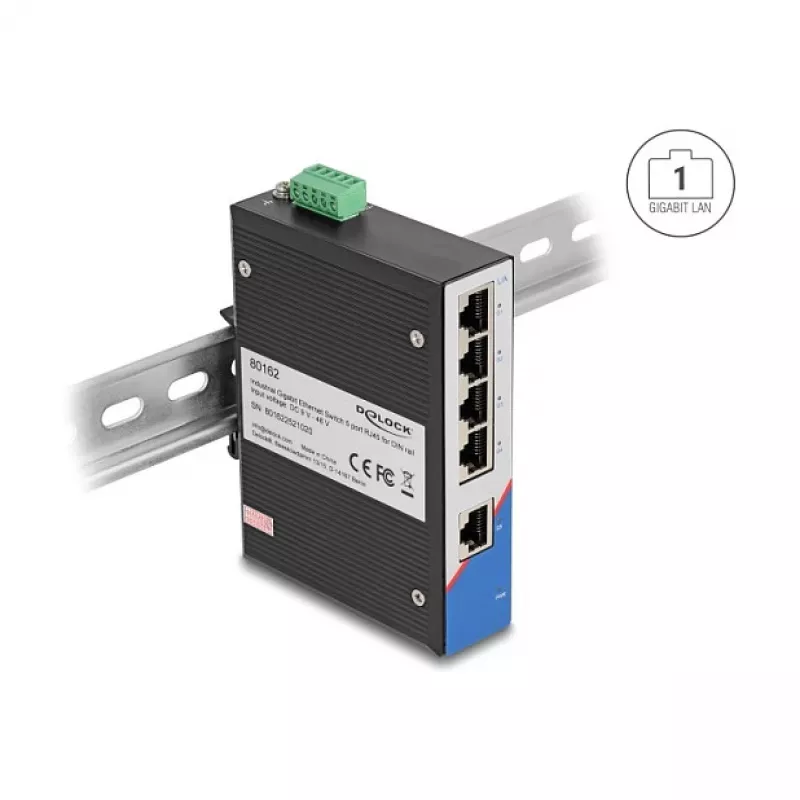 Switch Ethernet DELOCK 80162 — 5 puertos Gigabit RJ45 para montaje en carril DIN