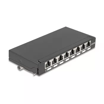 Patch panel DELOCK mini sobremesa RJ45 8 puertos Cat.6A apantallado negro para mesa, pared o carril DIN