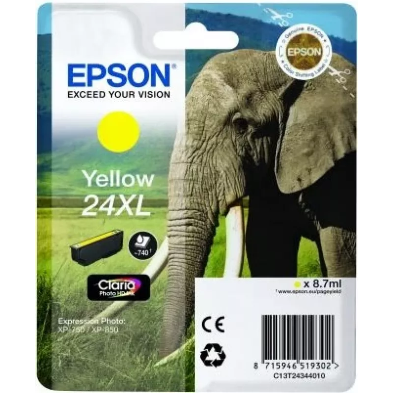Epson Elephant Envase individual Amarillo 24XL Claria Photo HD Tinta, Amarillo, tinta pigmentada, 1 ud.