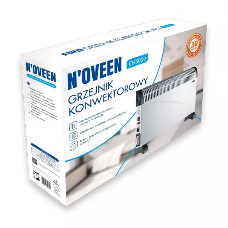 Radiador eléctrico de convección NOVEEN CH-6000 TIMER TURBO FAN 2000W 3 niveles de potencia montaje en pared/suelo blanco