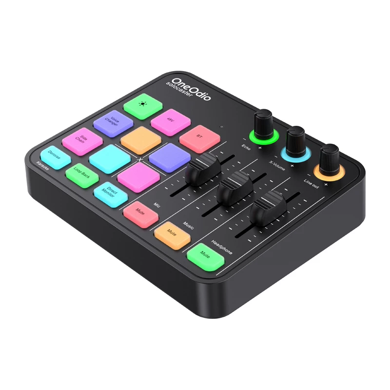 Mezclador de audio y tarjeta de sonido USB OneOdio Solocaster – interfaz de sobremesa compacta para streaming y grabación