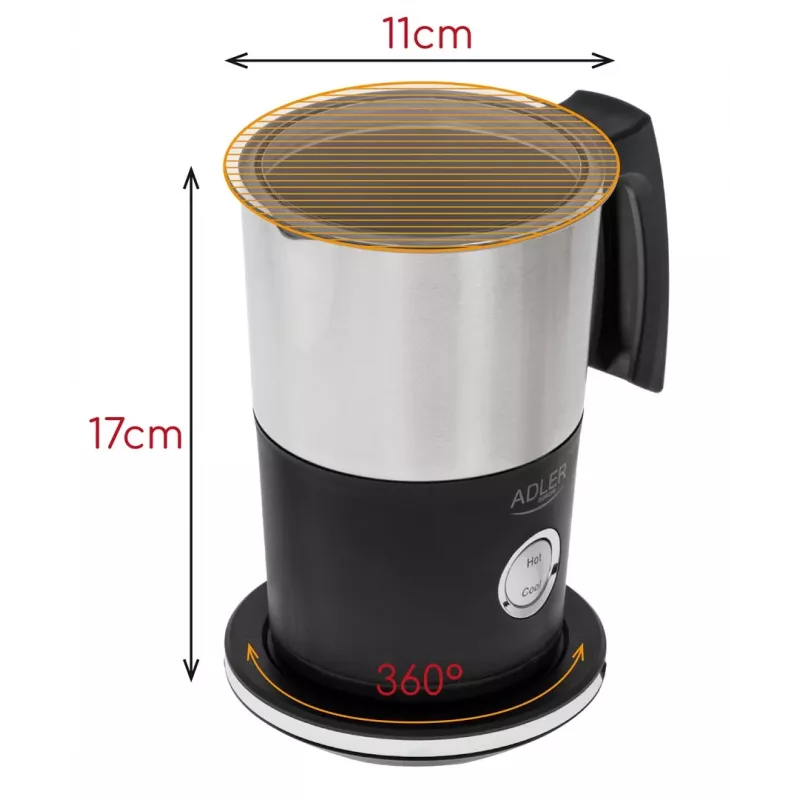 Espumador de leche automático Adler AD 4497 – acero inoxidable, 600W, 120 ml de espuma / 300 ml de calentamiento, caliente y frío