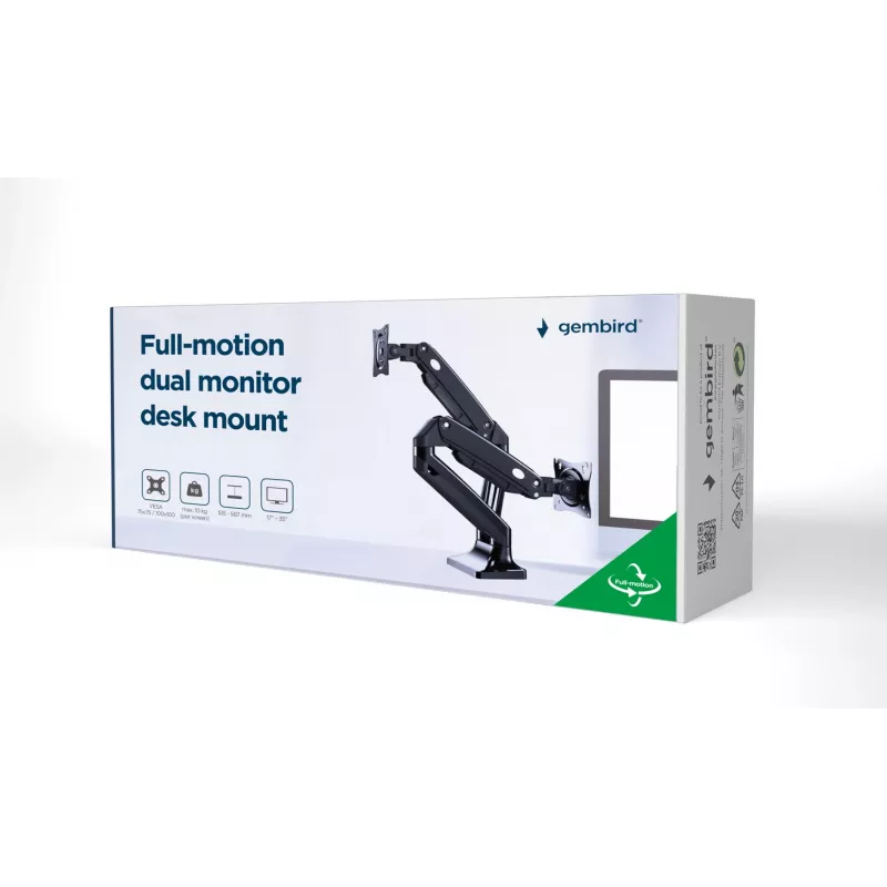 Soporte para monitor GEMBIRD MA-DA2-03 para pantallas de hasta 35 pulgadas, pinza de mesa, VESA 75x75–100x100, 20 kg, negro, Doble pantalla