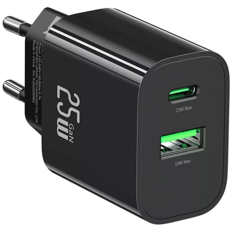 Cargador USB usams USA001629 25W 1×USB-C + 1×USB-A carga rápida