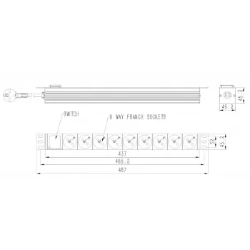 Unidad de distribución de corriente GEMBIRD EG-PDU-9F2F — 9 tomas francesas (tipo E), rack 1H, 16A, cable de 2 m