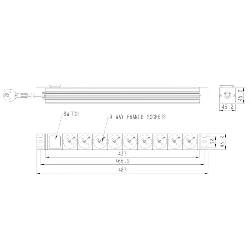 Unidad de distribución de corriente GEMBIRD EG-PDU-9F2F — 9 tomas francesas (tipo E), rack 1H, 16A, cable de 2 m