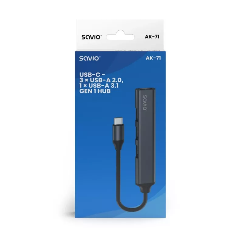 Hub de interfaz USB 3.0 de 4 puertos SAVIO AK-71 con host USB-C, 5000 Mbit/s, 2 años de garantía