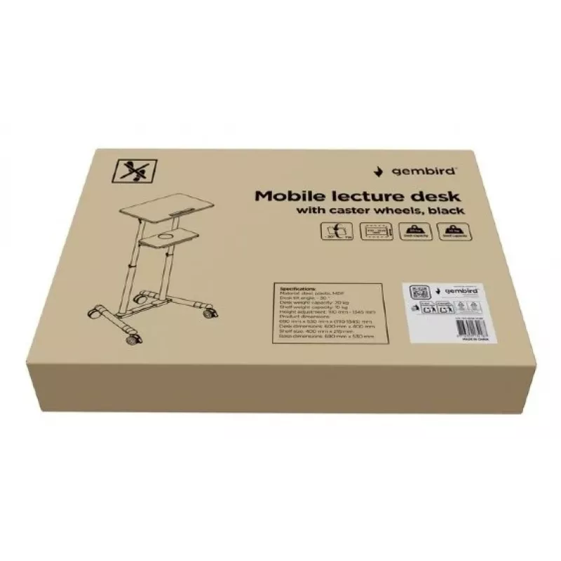 Gembird TVS-DESK-01-BK escritorio de pie móvil con ruedas, altura regulable 111–134,5 cm, inclinación 30°, máx. 20 kg, negro
