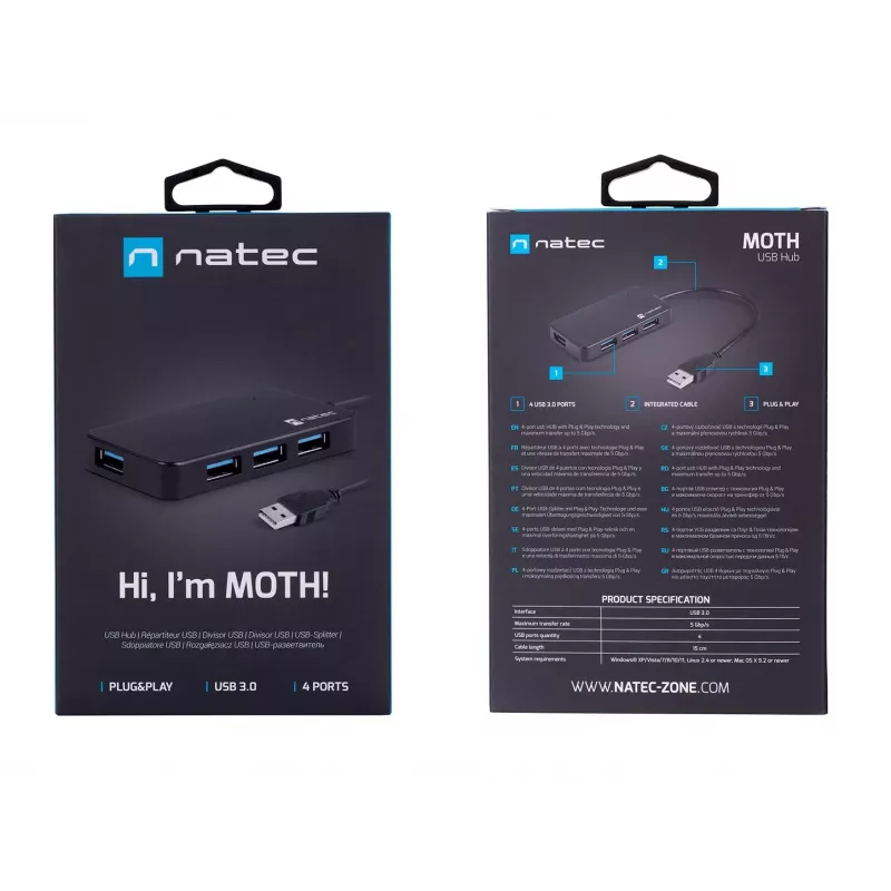 Hub USB NATEC Moth 4 puertos USB 3.2 Gen 1 Type-A (5000 Mbit/s), alimentado por USB, negro, cable de 0,15 m
