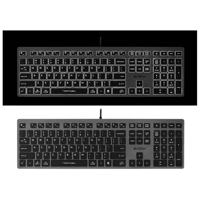 Teclado con cable A4Tech FX60H USB QWERTY – Full-Size 100%, retroiluminado blanco, gris, hub USB
