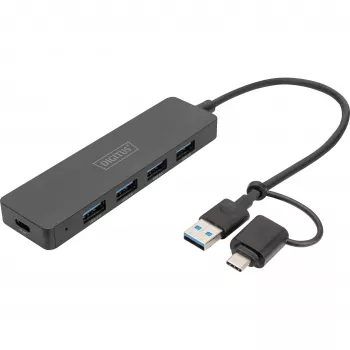 Hub USB, Digitus, DA-70235, 4 puertos, USB 3.2 Gen 1, Type-A y Type-C, 12000 Mbit/s