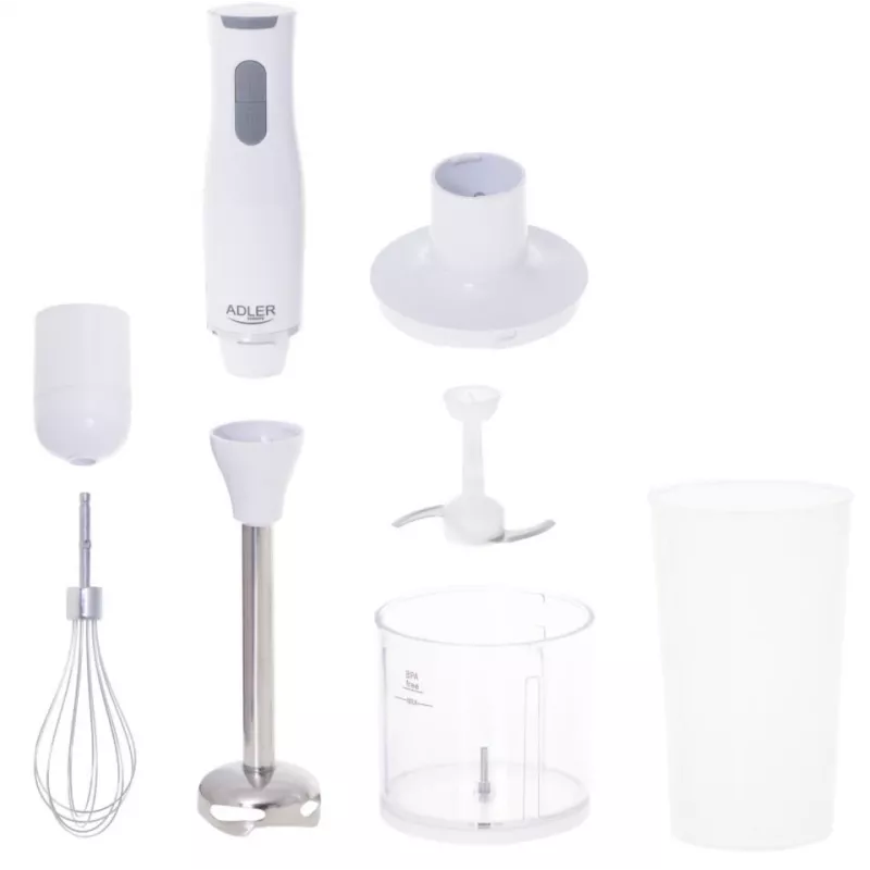 Adler AD 4620 set de batidora de mano, 800 W, 2 velocidades, picadora de 450 ml, vaso de 750 ml, varillas, blanco