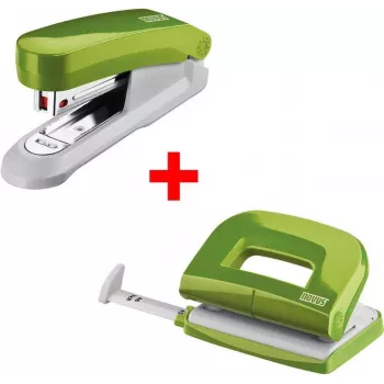 Set de grapadora y perforadora NOVUS E15+ y E210 — grapadora de mesa con perforadora de tenaza, verde
