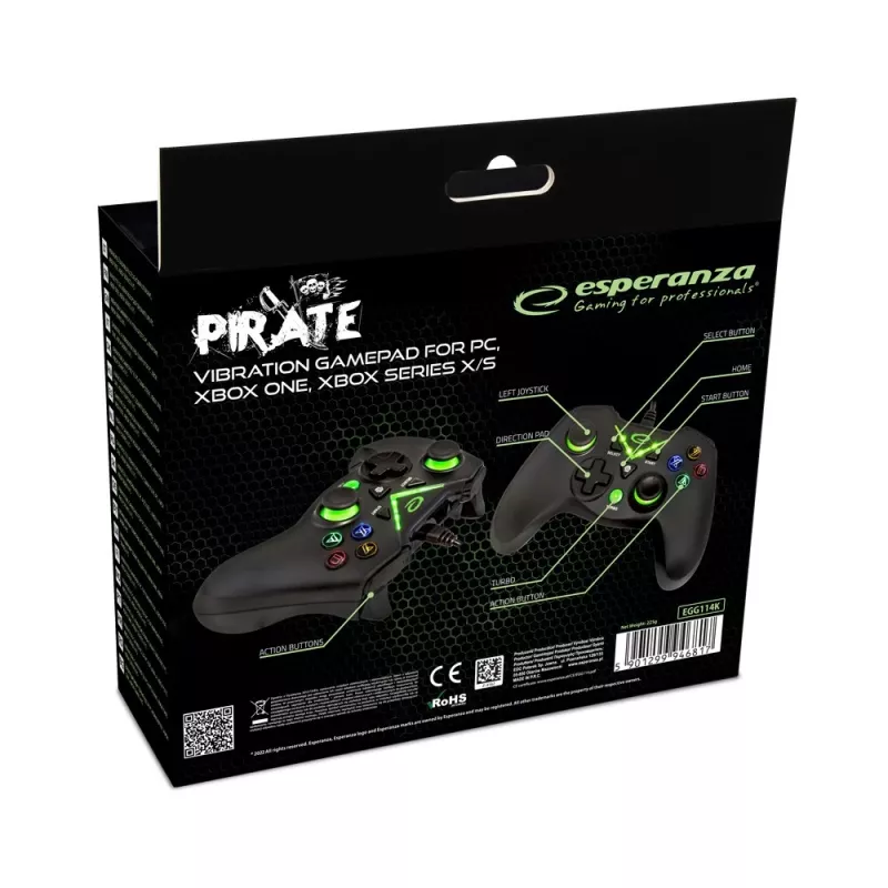 Esperanza EGG114K Pirate mando, USB 2.0, analógico/digital, para PC, Xbox One, Xbox Series X/S, negro