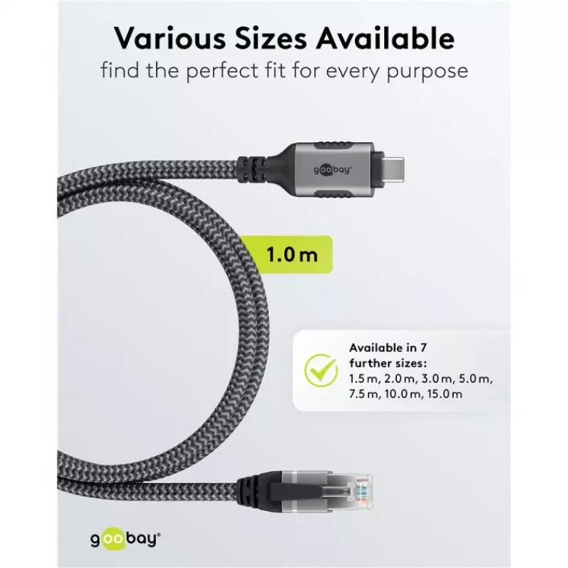 Wentronic goobay - Cable de red - 24 pines USB-C (M) a RJ-45 (M) - 1,0 m - 6 mm - FTP - CAT 6 - USB 3.1 - cable trenzado - negro, plateado (70696)