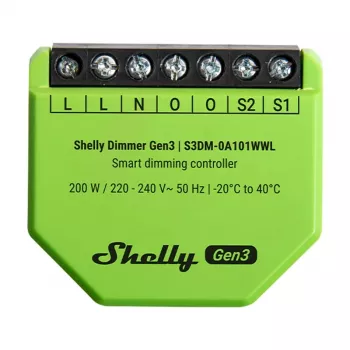 Regulador empotrable Shelly Dimmer Gen3 — LED máx. 150W, halógeno máx. 200W, 220–240V, inalámbrico, negro/lime
