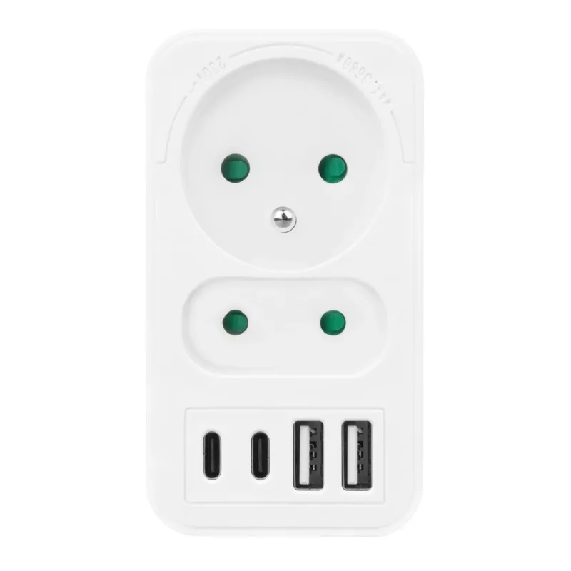 Regleta de enchufes MACLEAN MCE249 F/W – 2 tomas de corriente (16A + 6A) y 4 USB (2× A, 2× C PD 20W)