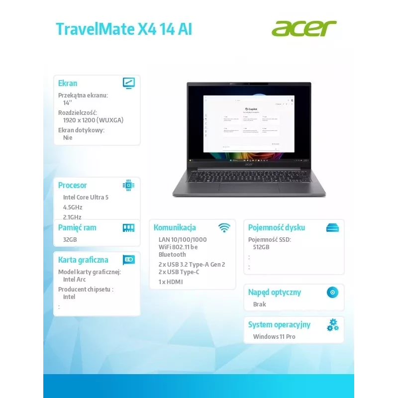 Portátil Acer TravelMate P4 TMX414-51-TCO 14 inch WUXGA IPS, Intel iU5, 32 GB RAM, 512 GB SSD, Wi‑Fi 7, Windows 11 Pro, 3 años de servicio in situ el siguiente día laborable