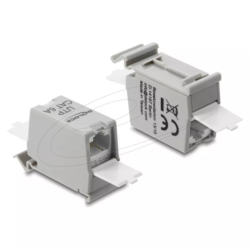 Acoplador de red RJ45 DELOCK Cat.6A hembra a hembra para montaje en carril DIN, gris