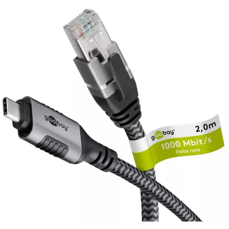 Cable Ethernet USB-C 3.2 Gen2 conector macho > conector macho RJ-45, adaptador LAN negro/plata, 2 metros, funda textil trenzada