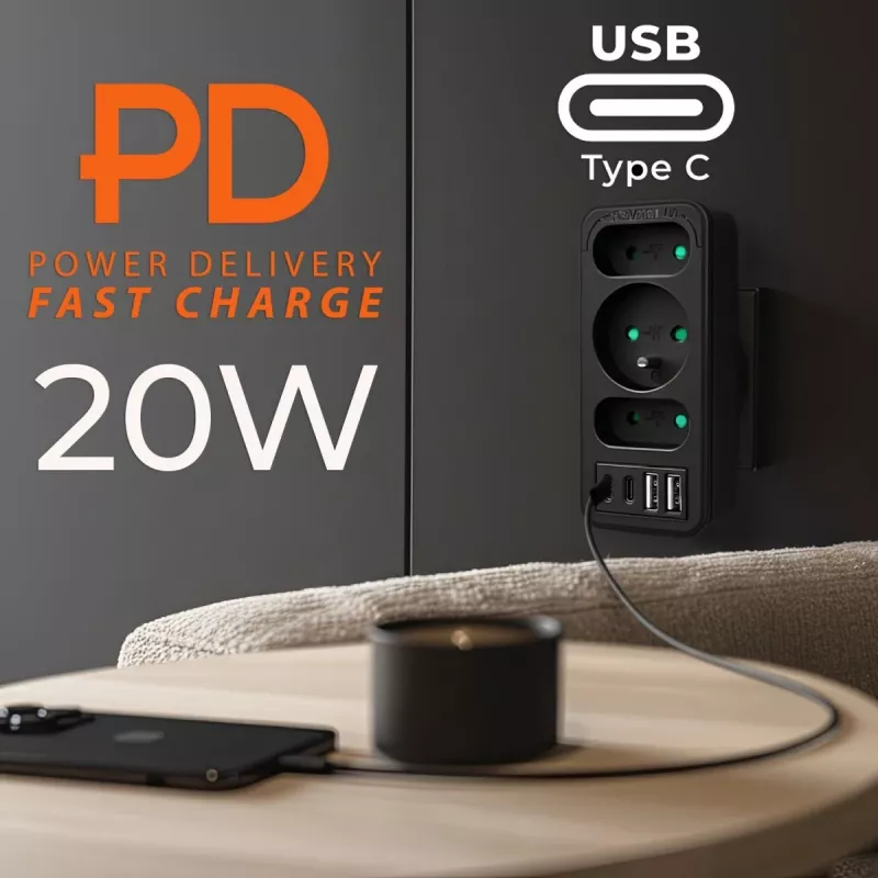 Regleta de enchufes MACLEAN MCE248 F/B — 3 tomas AC (1x16A, 2x6A) y 4 puertos USB (2xUSB‑A, 2xUSB‑C PD 20W), conector EU, negro