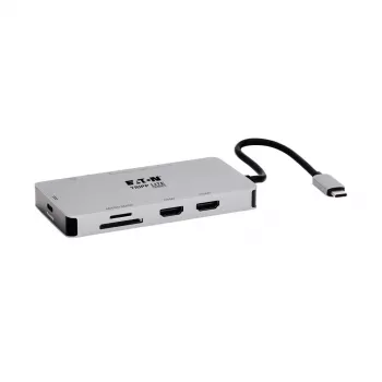 Dock USB-C Eaton Tripp Lite, doble pantalla - 4K 60 Hz HDMI, USB 3.2 Gen 1, hub USB-A, GbE, tarjeta de memoria, función de carga PD 100W, gris - Estación de acoplamiento - USB-C - 2 x HDMI - 1GbE (U442-DOCK