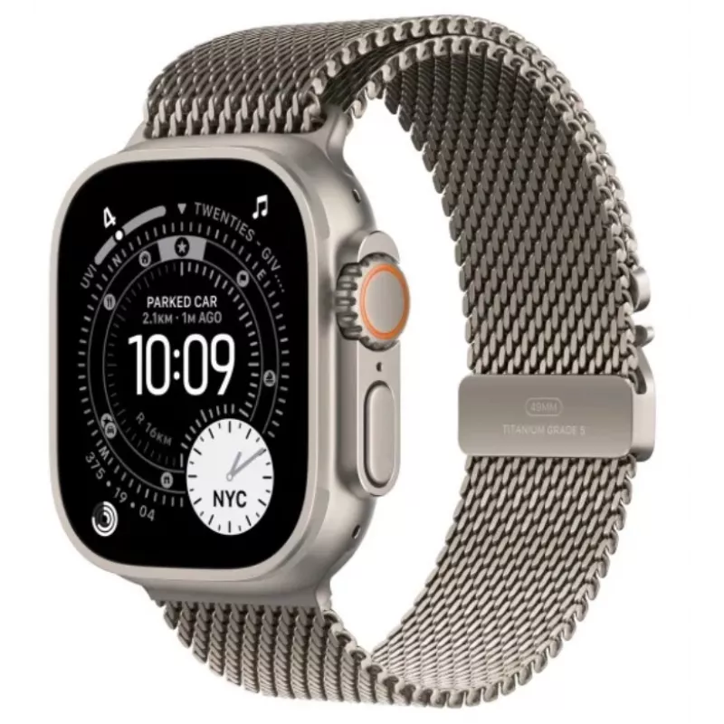 Smartwatch Apple Watch Ultra 3 GPS + Cellular 49 mm carcasa de titanio natural con correa Milanesa de titanio natural — 64 GB, OLED, 422×514, sumergible hasta 100 m, Grande