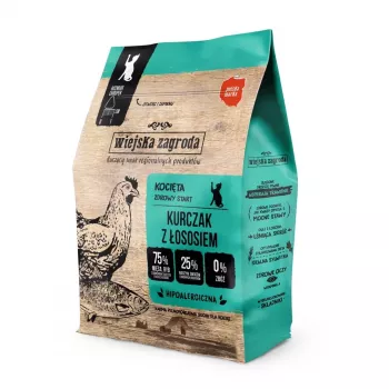 Pienso para gatos wiejskazagroda pollo con salmón 400 g — adultos, proteína 44 %, grasa 18 %, sin gluten ni soja
