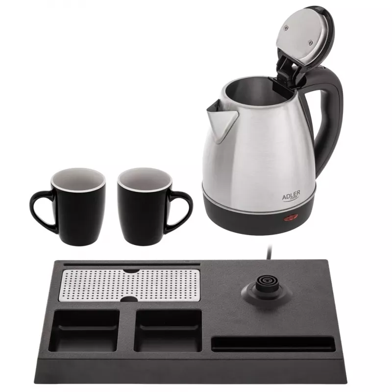 Adler AD 1354 hervidor de agua de hotel acero inoxidable 1,2 L + bandeja con tazas negro, acero