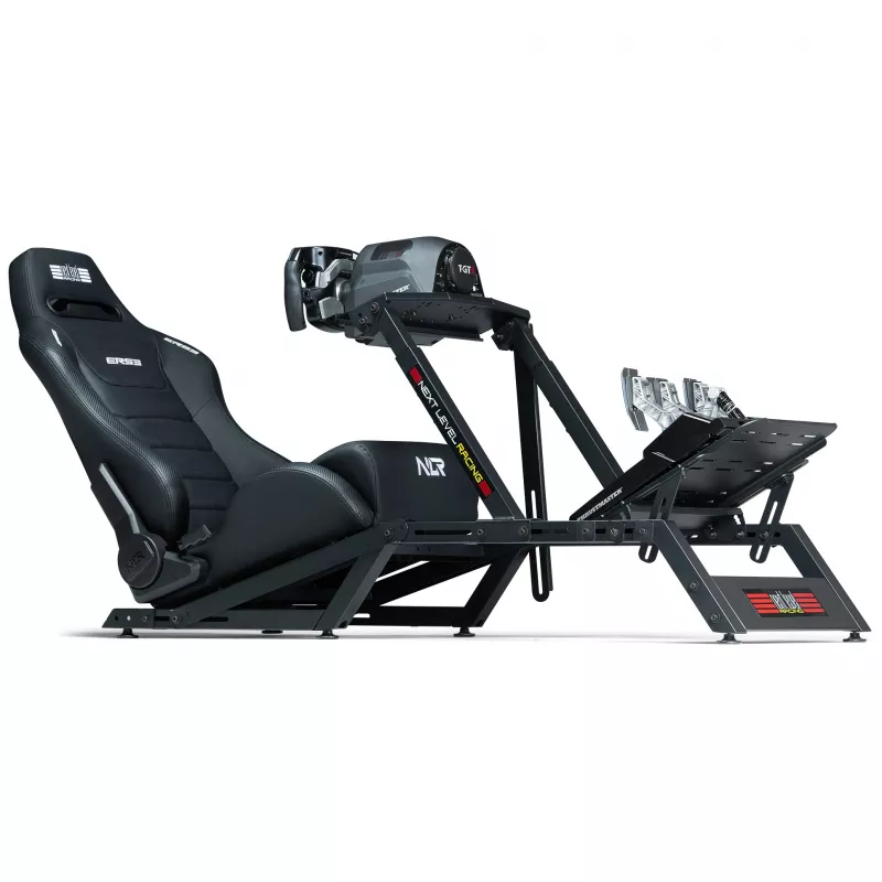 Asiento de carreras tipo baquet con respaldo ajustable Next Level Racing ERS3 Elite Premium — cuero sintético negro, respaldo reclinable, compatible con montaje en cockpit y suelo