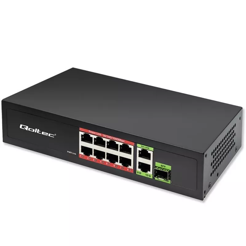 Switch Ethernet QOLTEC 52297 PoE RJ45 con uplink PoE y puerto SFP