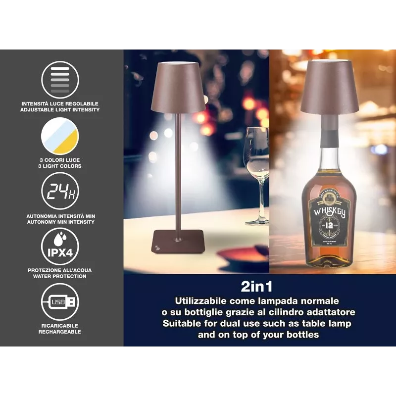 Beper P201UTP120 lámpara de mesa LED recargable, 1,5 W, interruptor táctil, regulable, adaptador para botella de 33 mm, resistente al agua, marrón