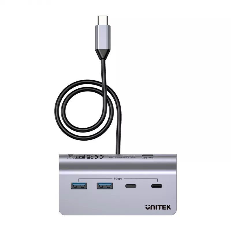 Hub USB Unitek H1337AGY01 – 4 puertos (2×USB-C, 2×USB-A), hasta 5 Gbit/s por puerto, aluminio, Plata
