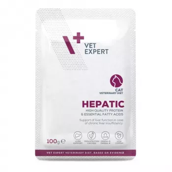 Comida húmeda para gatos VETEXPERT Hepatic pollo 100 g — dieta veterinaria para apoyar el hígado, gatos adultos, humedad 79%, proteína 8%