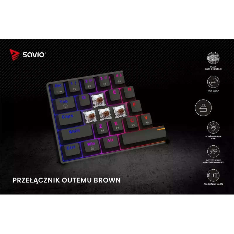 Teclado mecánico gaming SAVIO BLACKOUT X2 BROWN 61 teclas 60% USB QWERTY RGB Outemu Brown