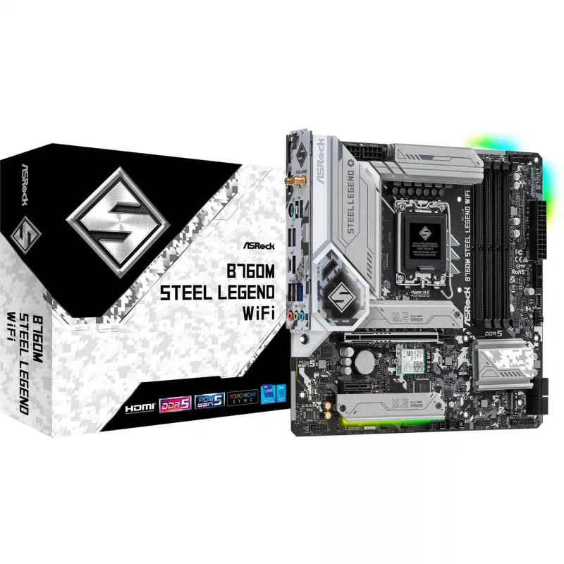 Placa base ASRock B760M Steel Legend WiFi — Intel B760, LGA 1700, micro ATX, DDR5, 4 DIMM, 128GB, Wi‑Fi 6E, 2.5Gb LAN