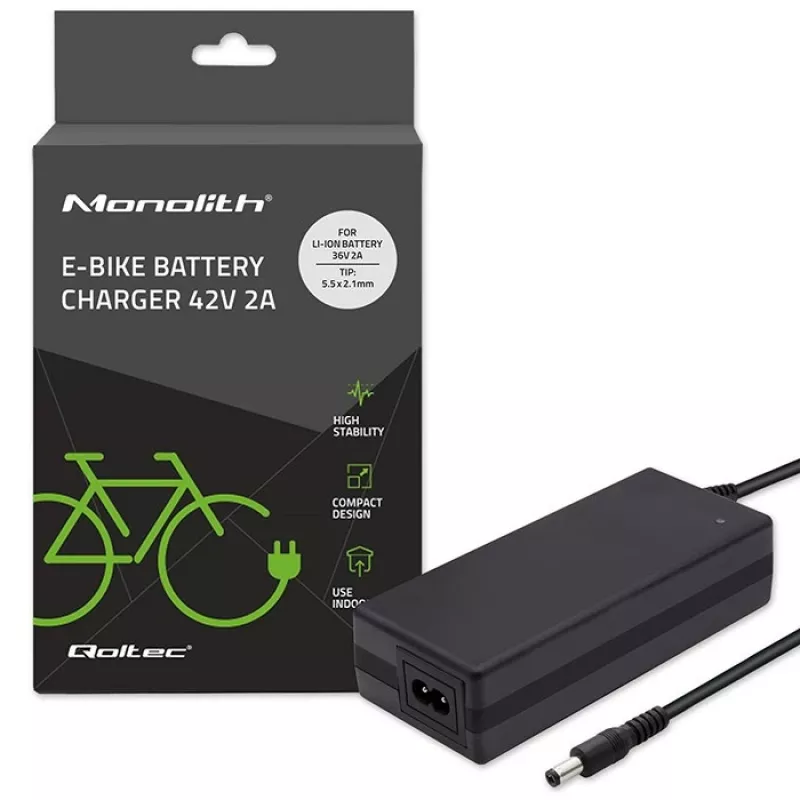 Cargador Qoltec 50760 para baterías de e-bike 36V | 42V | 2A | 5,5*2,1