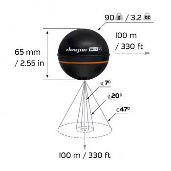 Sonda de pesca portátil Deeper Smart Sonar PRO+ 2 sonar 675 kHz, alcance 100 m, 65×65×65 mm, Li‑Ion 950 mAh