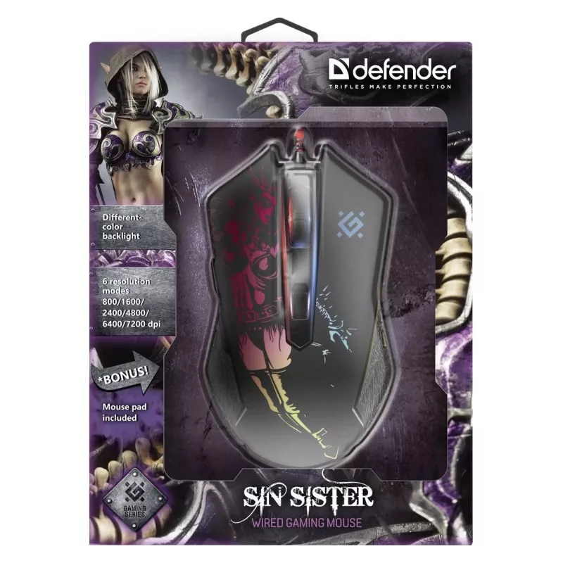 Ratón gaming óptico con cable DEFENDER GM-933 SIN'SISTER 7200dpi 6P RGB