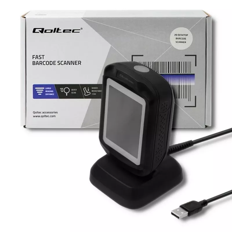 Lector de códigos de barras fijo 1D/2D QOLTEC 50864, sensor LED, USB (con cable), negro, 145×85×80 mm